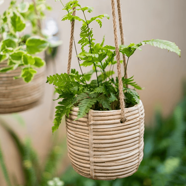 Faux Rattan Cement Hanging Planter, beige woven basket with jute hangers, RusticReach on Tampa Home & Garden Store