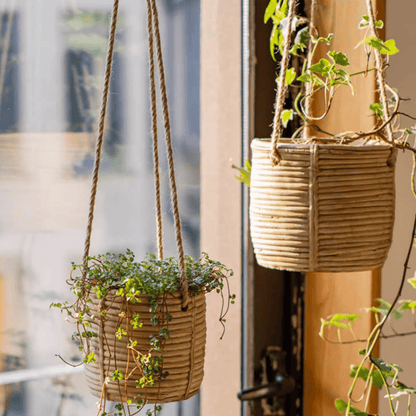 Faux Rattan Cement Hanging Planter by RusticReach, natural beige woven pots on rope hangers, pair on Tampa Home & Garden Store