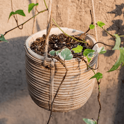 Faux Rattan Cement Hanging Planter beige by RusticReach with jute hangers on Tampa Home & Garden Store
