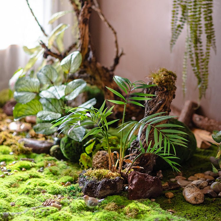 Faux rooted Murdannia leaf bunch 23-inch tall RusticReach artificial plant in mossy mini garden on Tampa Home & Garden Store