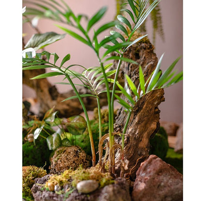 Faux rooted Murdannia leaf bunch, 23in tall, green pinnate leaves in a rustic wood planter on Tampa Home & Garden Store