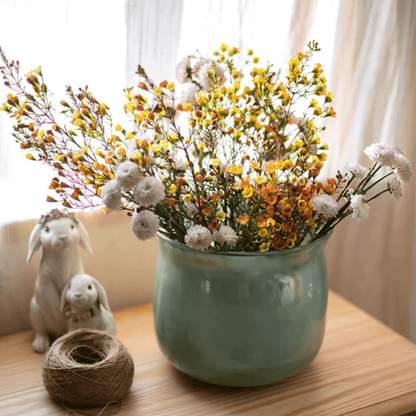 Ruhai Low Glass Vase teal glaze by RusticReach filled with yellow and orange dried flowers on Tampa Home & Garden Store