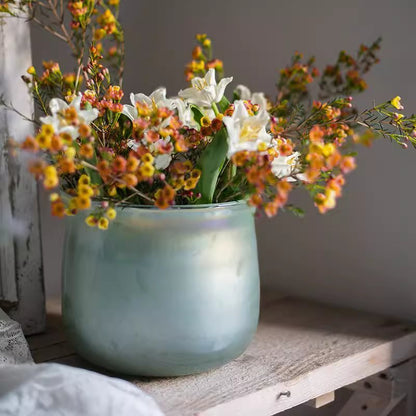 Ruhai low glass vase in pale blue-green with white lilies and orange blooms by RusticReach on Tampa Home & Garden Store
