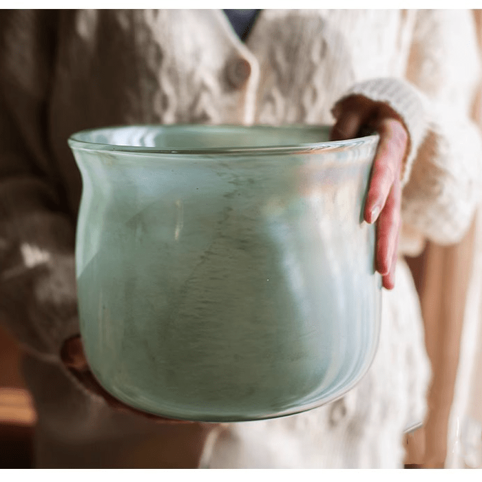 Ruhai Low Glass Vase by RusticReach in seafoam blue glass, compact rounded vase on Tampa Home & Garden Store
