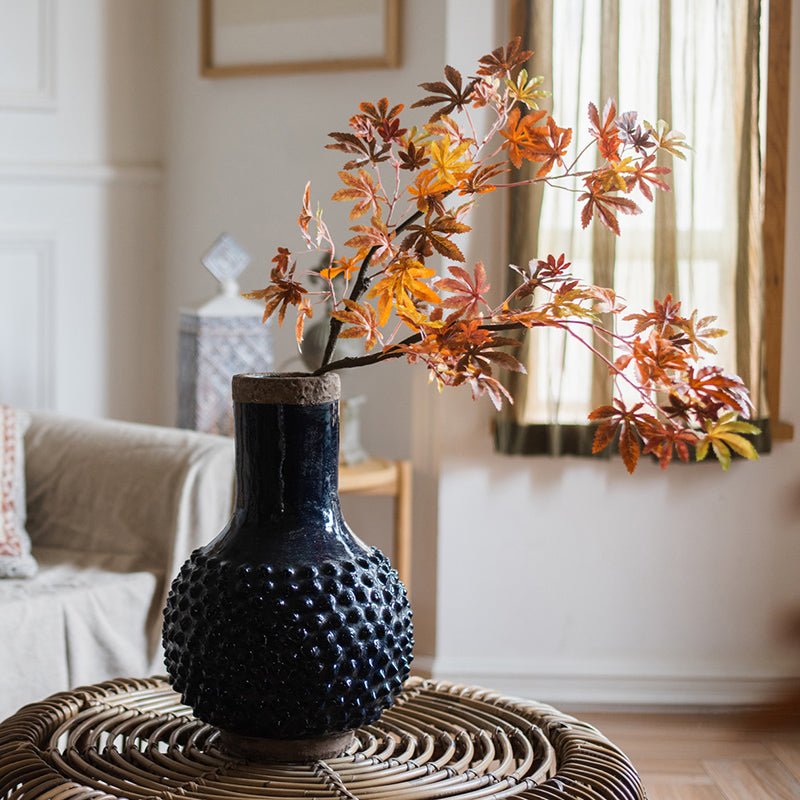 Navy Blue Domo coarse pottery vase with bubbled texture and cork lid RusticReach holding leaves on Tampa Home & Garden Store