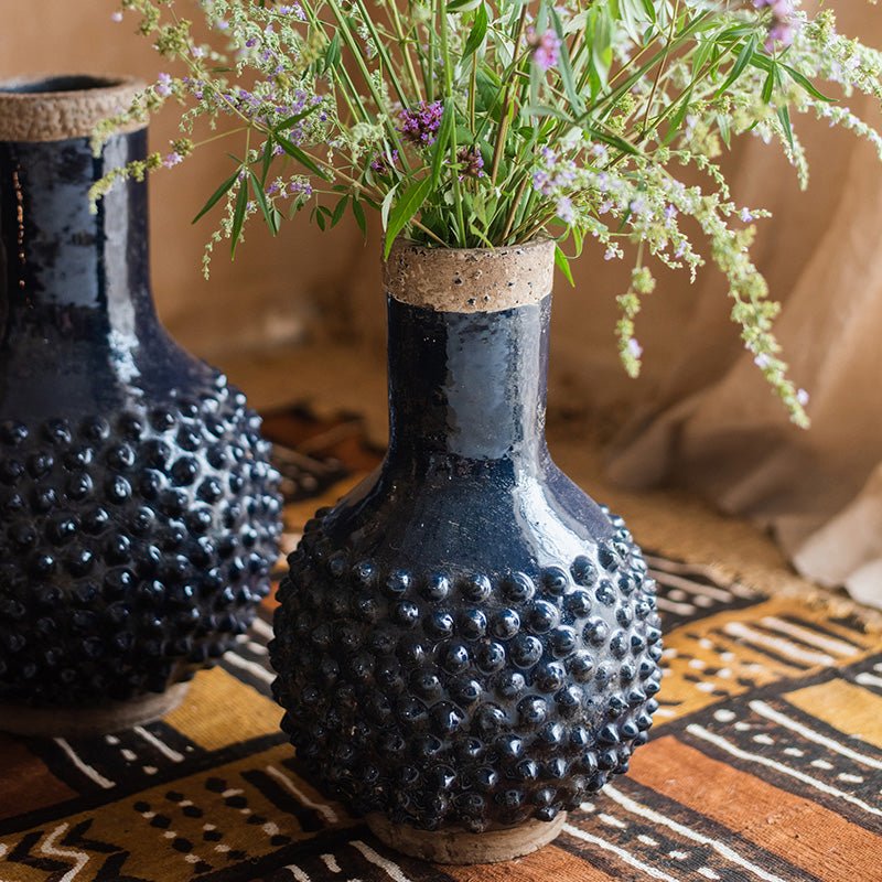 Domo coarse pottery vase navy blue by RusticReach; bubble texture, two vases with flowers on Tampa Home & Garden Store