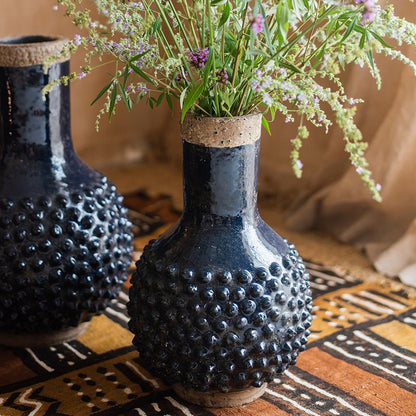 Domo coarse pottery vase navy blue by RusticReach; bubble texture, two vases with flowers on Tampa Home & Garden Store