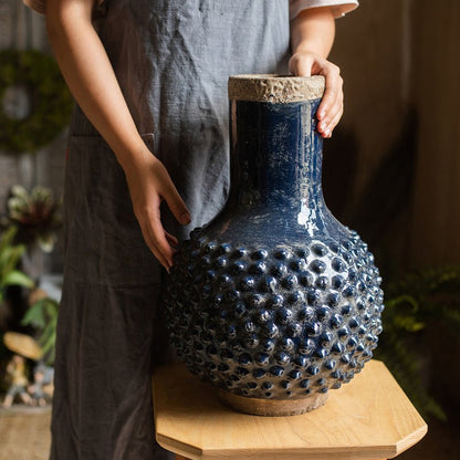 Large South East Asia navy blue Domo coarse pottery vase with bubbled texture by RusticReach on Tampa Home & Garden Store