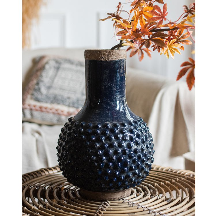 Large navy blue coarse pottery vase with textured surface and narrow neck RusticReach on Tampa Home & Garden Store