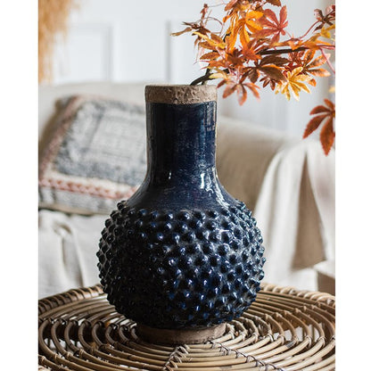 Large navy blue coarse pottery vase with textured surface and narrow neck RusticReach on Tampa Home & Garden Store