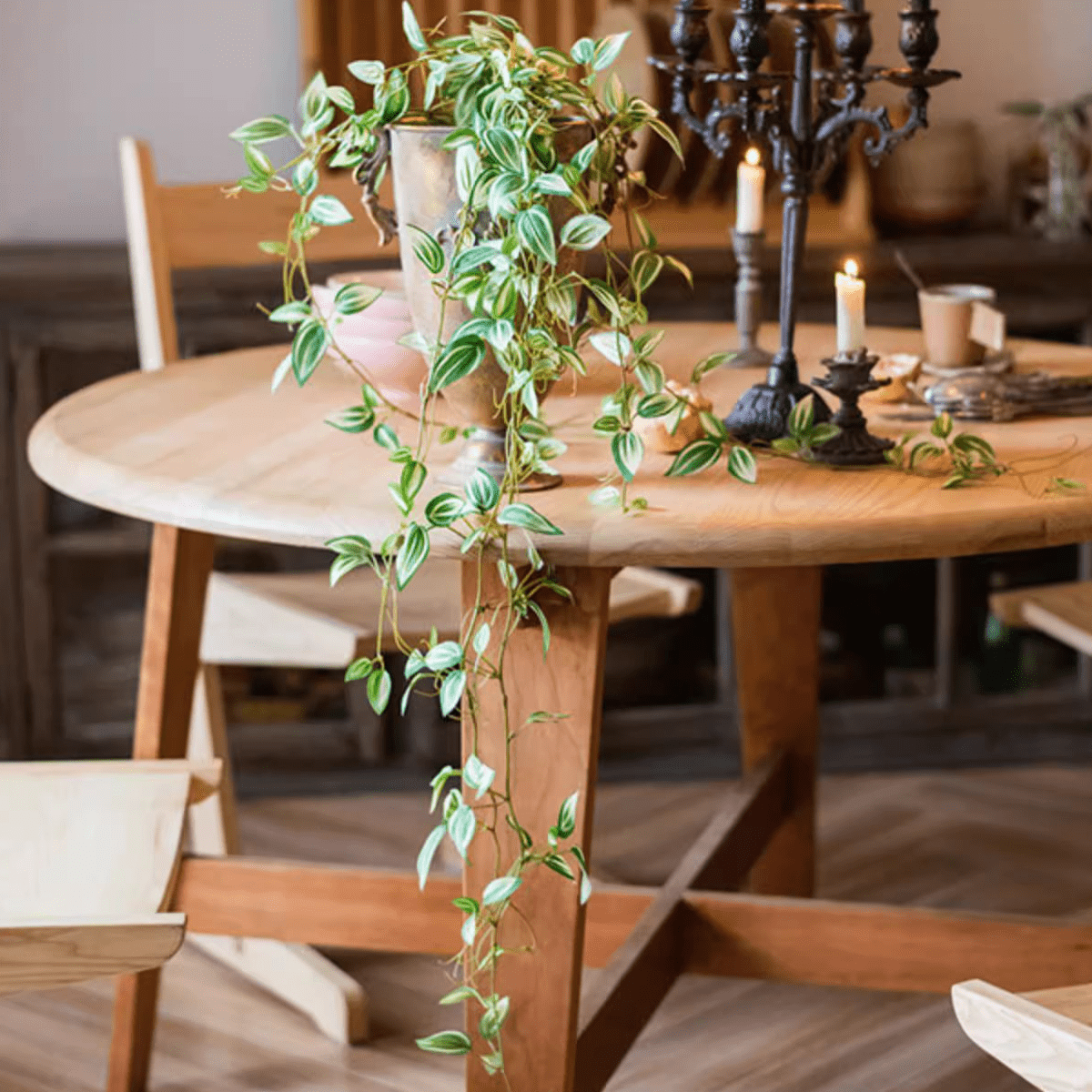 Artificial Small Leaf Vine 40in long RusticReach trailing variegated leaves on a wooden table on Tampa Home & Garden Store