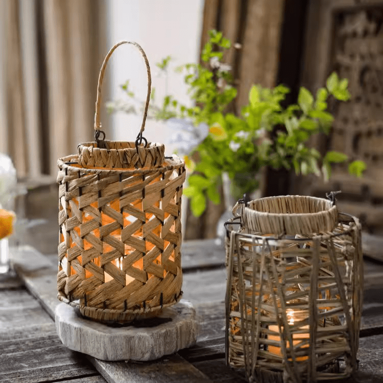 Rustic Seagrass Handwoven Candle Lanterns (2) by RusticReach, tan seagrass candle holders on Tampa Home & Garden Store
