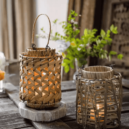 Rustic Seagrass Handwoven Candle Lanterns (2) by RusticReach, tan seagrass candle holders on Tampa Home & Garden Store