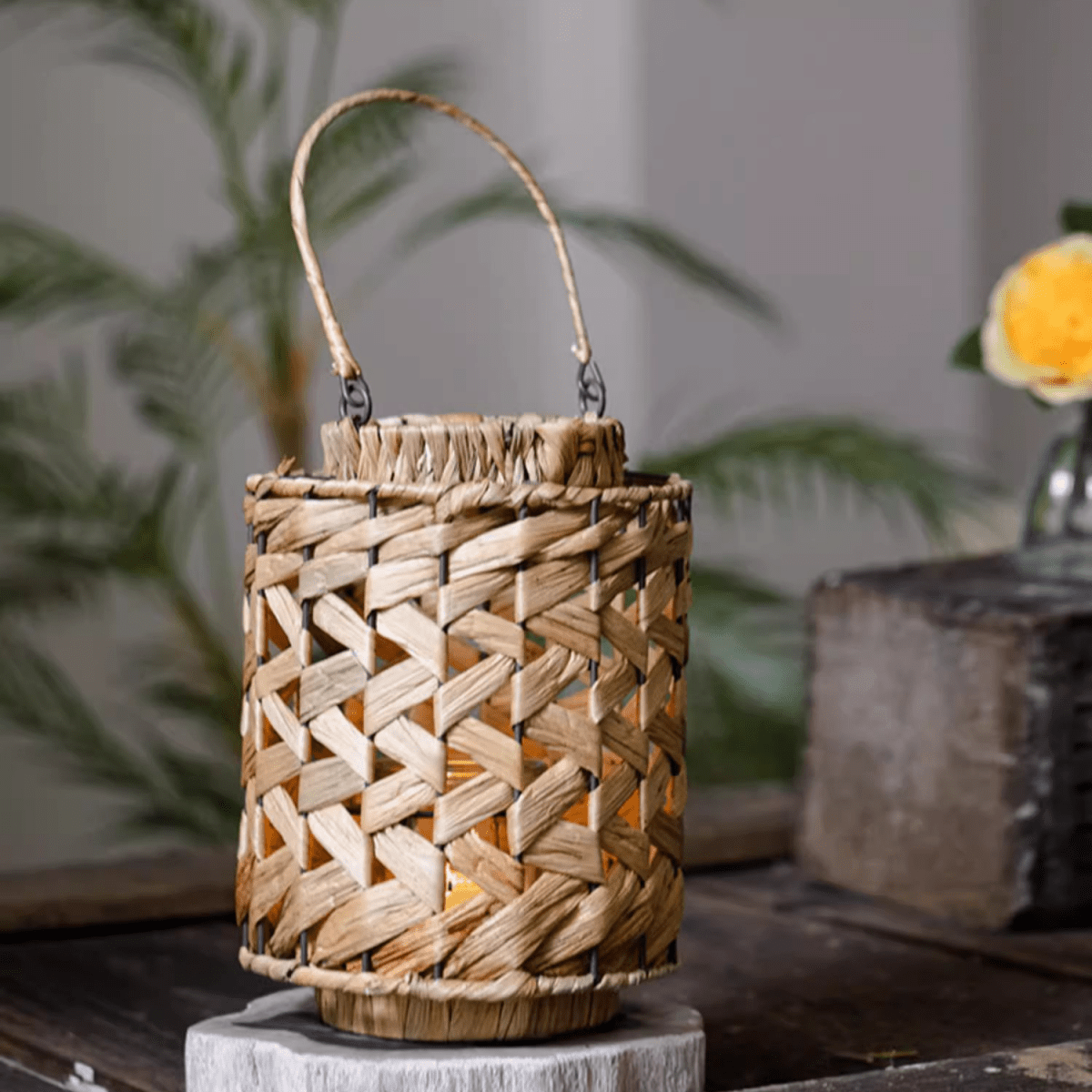 Rustic Seagrass Handwoven Candle Lantern, natural beige with metal accents, RusticReach on Tampa Home & Garden Store