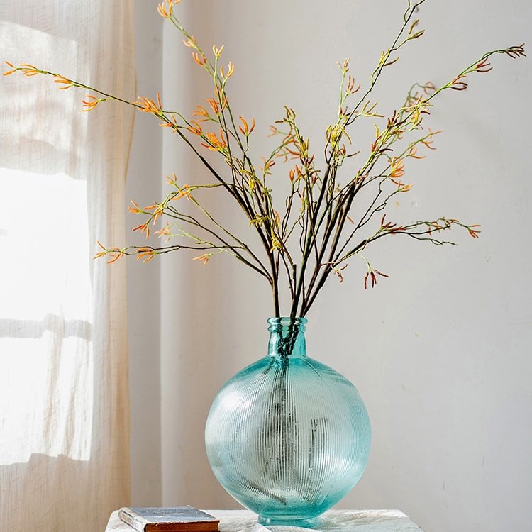 Artificial Japanese Zen Style Sedge faux stem in a turquoise ribbed glass vase, 51.9 inches tall on Tampa Home & Garden Store