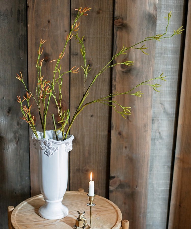 RusticReach artificial Japanese Zen sedge stem in a white ornate vase with green stems on Tampa Home & Garden Store