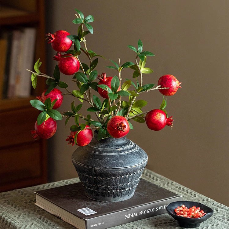 Faux Short Pomegranate Stem 15in tall with red fruits and leaves in a gray vase RusticReach on Tampa Home & Garden Store