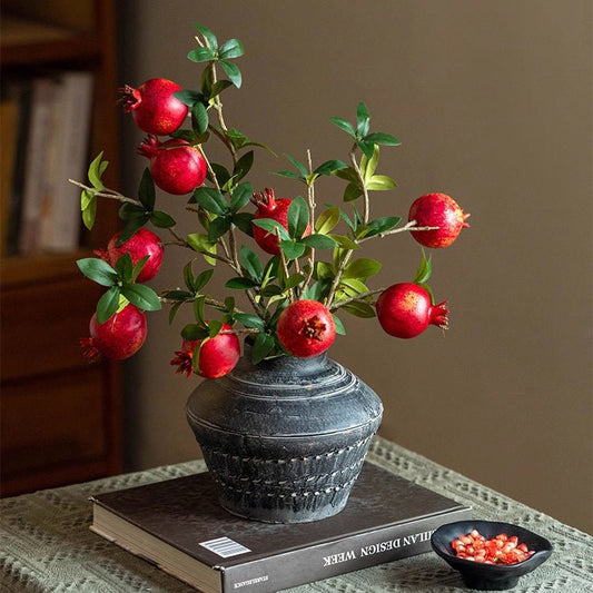 Faux Short Pomegranate Stem 15in tall with red fruits and leaves in a gray vase RusticReach on Tampa Home & Garden Store