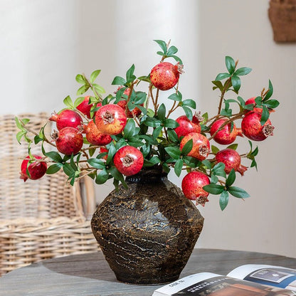 Faux Short Pomegranate Stem with red fruit and green leaves in textured vase RusticReach on Tampa Home & Garden Store
