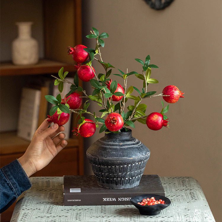 Faux Short Pomegranate Stem by RusticReach; red pomegranates on green leaves in a ceramic vase on Tampa Home & Garden Store