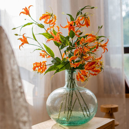 Faux Silk Flame Lily stem 29 in tall, orange blooms with green leaves in a vase RusticReach on Tampa Home & Garden Store