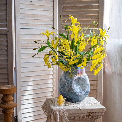 Faux silk flame lily stem, 29" tall, yellow blooms in a blue ceramic vase by RusticReach on Tampa Home & Garden Store