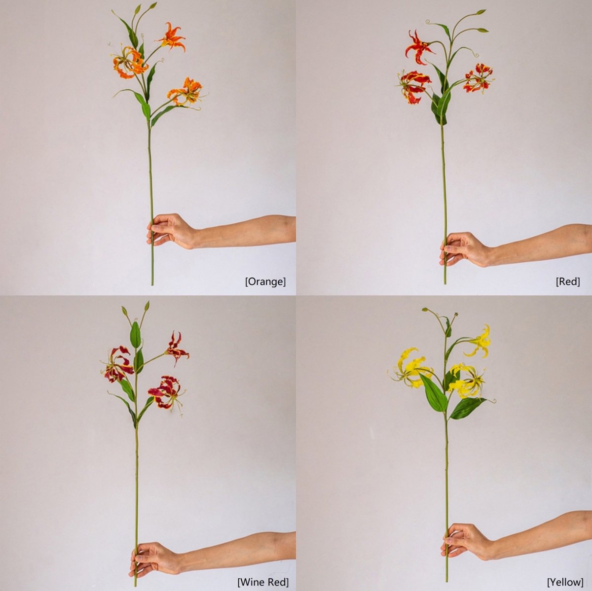Faux Silk Flame Lily stem 29in tall in 4-color orange red wine red yellow RusticReach held on Tampa Home & Garden Store
