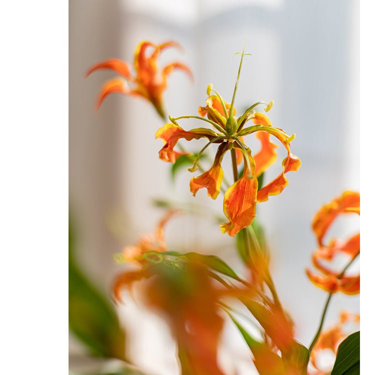 Faux silk flame lily stem, 29 inches tall, orange blooms with green leaves, RusticReach on Tampa Home & Garden Store