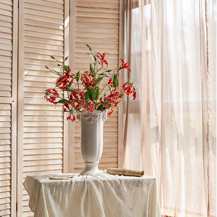 Faux silk Flame Lily stem in a tall white vase with red blooms, RusticReach 29 inches tall on Tampa Home & Garden Store