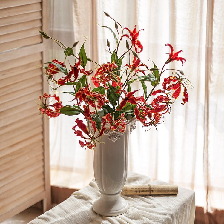 Faux Silk Flame Lily Stem 29in by RusticReach in a white vase with red flowers on Tampa Home & Garden Store