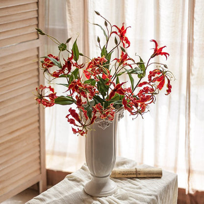 Faux Silk Flame Lily Stem 29in by RusticReach in a white vase with red flowers on Tampa Home & Garden Store