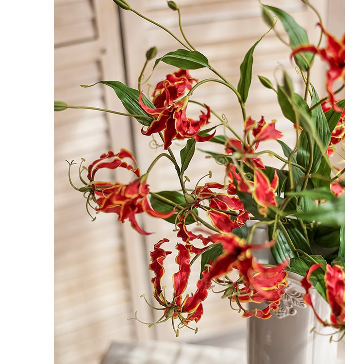 Faux silk Flame Lily stem, red with yellow-edged blooms, 29 inches tall, RusticReach on Tampa Home & Garden Store