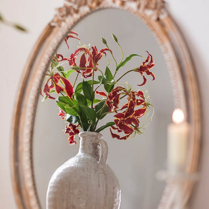 Faux Silk Flame Lily stem, 29-inch tall, red with yellow edging, RusticReach in vase on Tampa Home & Garden Store