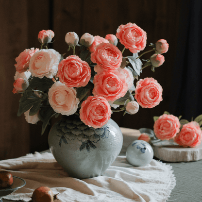 Faux Silk Peony Stem bouquet, 27 in tall pink blossoms in blue ceramic vase by RusticReach on Tampa Home & Garden Store