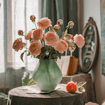 Faux Silk Peony Stem in green ceramic vase by RusticReach, peach blooms 27in tall on Tampa Home & Garden Store