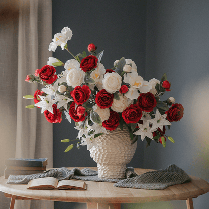 RusticReach faux silk peony stem bouquet, red and white blooms in a white vase, 27 inches tall on Tampa Home & Garden Store