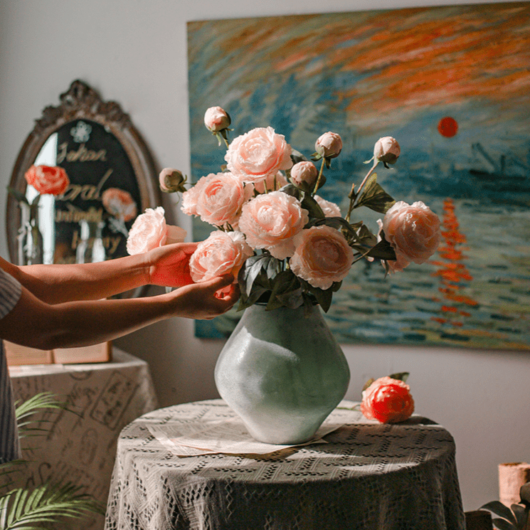 Faux Silk Peony Stem 27in Tall Artificial by RusticReach pink peonies in pale green vase on Tampa Home & Garden Store