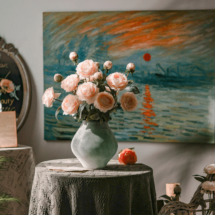 Faux Silk Peony Stem 27\" Tall Artificial blush pink peonies in a sage ceramic vase on a lace-covered table on Tampa Home & Garden Store