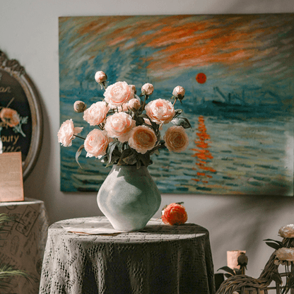 Faux Silk Peony Stem 27\" Tall Artificial blush pink peonies in a sage ceramic vase on a lace-covered table on Tampa Home & Garden Store