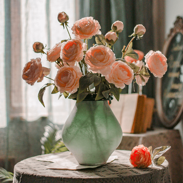 Faux Silk Peony Stem 27-inch tall pink blooms in a mint green vase RusticReach on Tampa Home & Garden Store