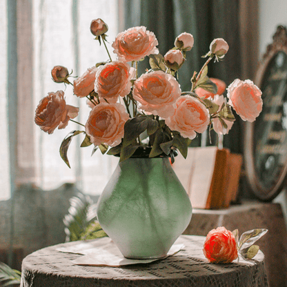 Faux Silk Peony Stem 27-inch tall pink blooms in a mint green vase RusticReach on Tampa Home & Garden Store