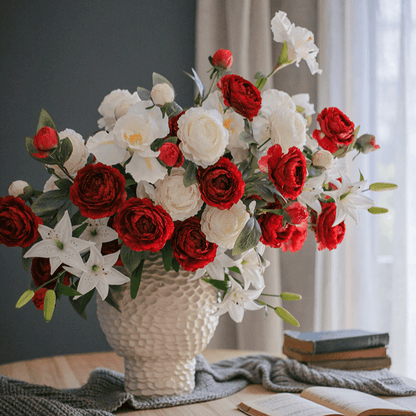 Faux Silk Peony Stem bouquet; red and white peonies in a textured white vase, 27" tall on Tampa Home & Garden Store