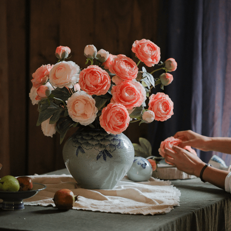 Faux Silk Peony Stem 27in Tall Pink blooms with green leaves in blue vase RusticReach on Tampa Home & Garden Store