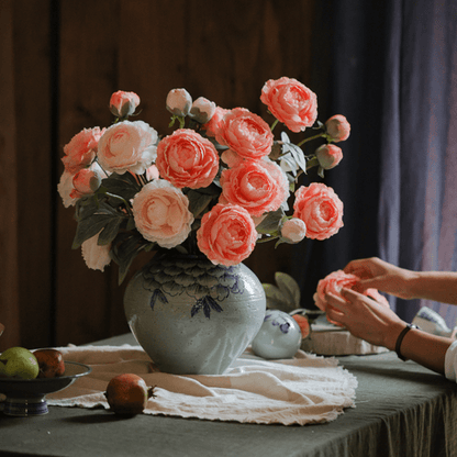 Faux Silk Peony Stem 27in Tall Pink blooms with green leaves in blue vase RusticReach on Tampa Home & Garden Store