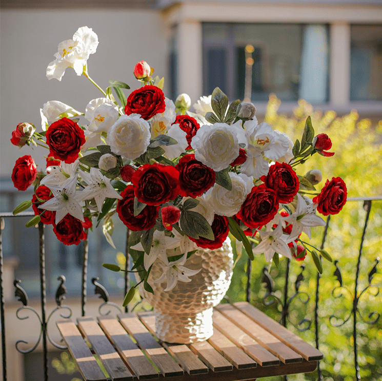 Faux Silk Peony Stem 27in Tall red and white blooms in vase on Tampa Home & Garden Store on Tampa Home & Garden Store