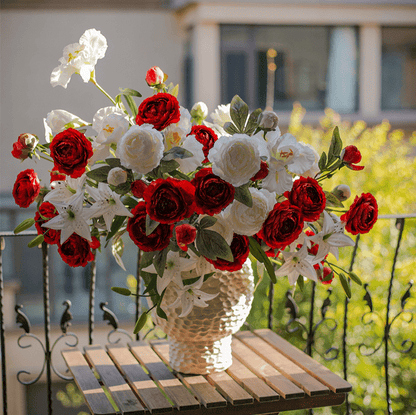 Faux Silk Peony Stem 27in Tall red and white blooms in vase on Tampa Home & Garden Store on Tampa Home & Garden Store