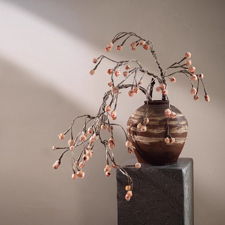 Rustic Silent Bud Twig 45.3in tall artificial non-flowering plant in a striped vase with pink buds RusticReach on Tampa Home & Garden Store