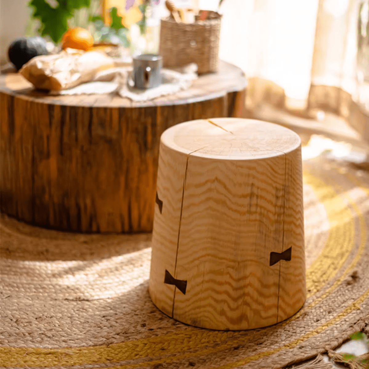 Solid Wood Natural End Table by RusticReach, light blonde wood with pronounced grain and bow-tie joinery on Tampa Home & Garden Store