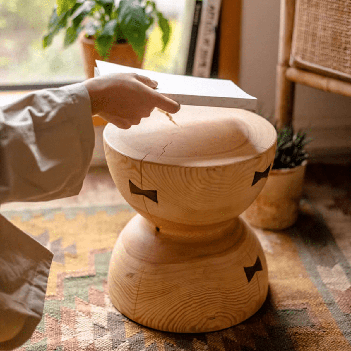 Solid Wood Natural End Table by RusticReach, round pedestal base with visible wood grain on Tampa Home & Garden Store