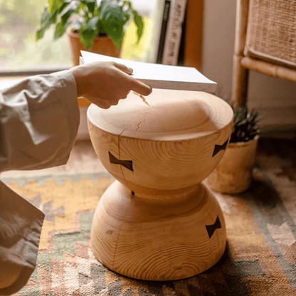 Solid Wood Natural End Table by RusticReach, round pedestal base with visible wood grain on Tampa Home & Garden Store
